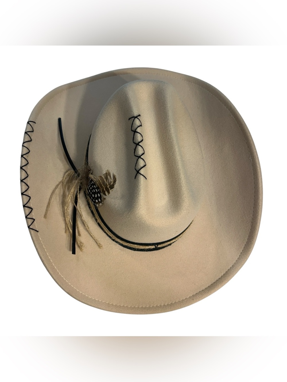 Western Felt Rancher Cowboy Hat Cream Ivory Fedora Feather Accent Boho NWOT
